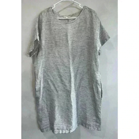 Eileen Fisher Women’s Medium White Striped Short Sleeve Shirt Top 100% Linen - Picture 1 of 5